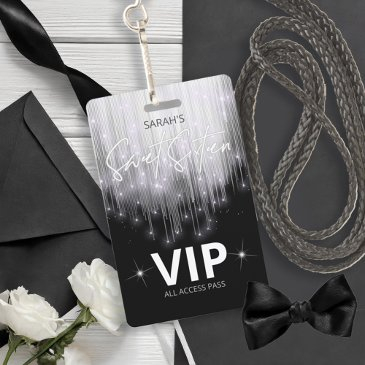 cascading lights sweet 16 black and white id790 badge