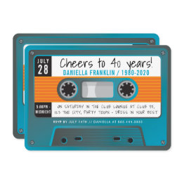 Small Cassette Tape Modern Disco Birthday Aqua Blue Gray Invitation Front View