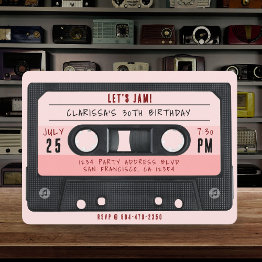 Small Cassette Tape Pink Retro Birthday Party Invitation Front View