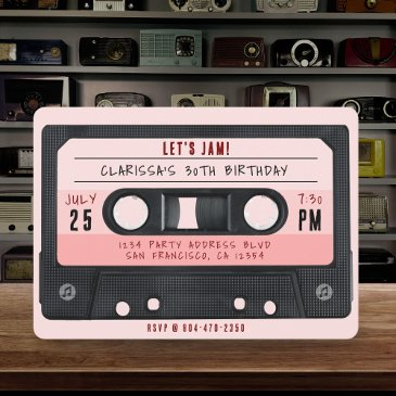 cassette tape pink retro birthday party invitation