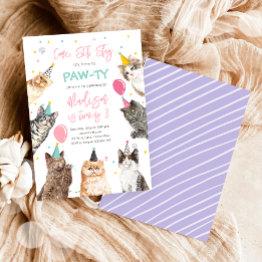 Small Cat Birthday Invitation Kitten Party Pawty Girl Front View