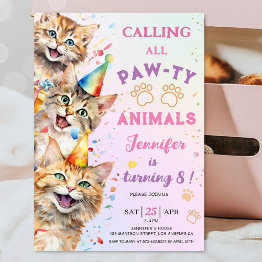 Small Cat Pawty Birthday Party Girl 8th Birthday Invitation Front View