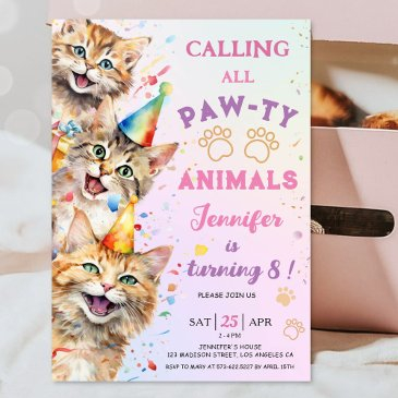 cat pawty birthday party girl 8th birthday invitation