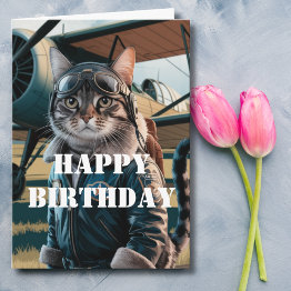 Small Cat Pilot & Airplane, Cool Funny Aviation Birthday Invitations Front View