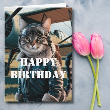 cat pilot & airplane, cool funny aviation birthday invitations