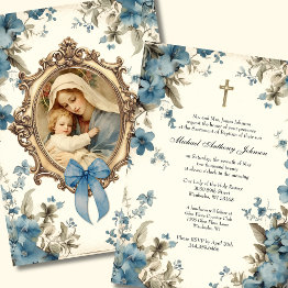 Small Catholic Baptism Christening Blessed Mother Jesus Invitation Front View