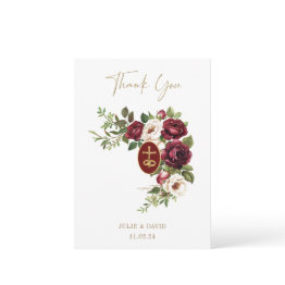 Small Catholic Claret Floral Gold Crucifix Wedding Thank You Invitations Front View