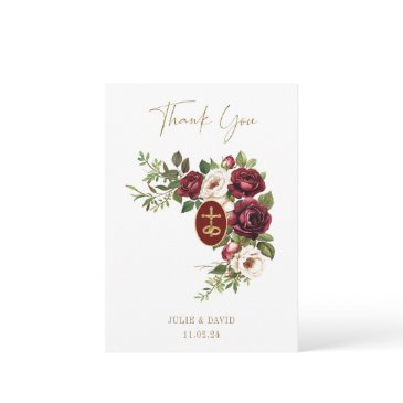 catholic claret floral gold crucifix wedding thank you invitations