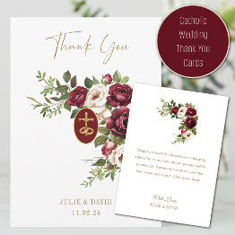 Small Catholic Claret Floral Gold Crucifix Wedding Thank You Invitations Front View