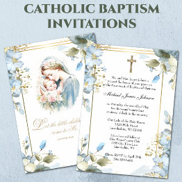 Small Catholic Floral Baptism Christening Baby Scripture Invitation Front View
