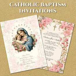 Small Catholic Girl Baptism Christening Mary Jesus Invitation Front View