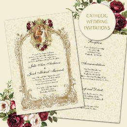 Small Catholic Vintage Floral Wedding Invitations Front View