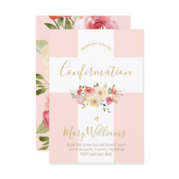 Small Catholic White Cross And Flowers Confirmation Invitation Front View