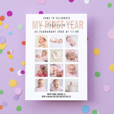 celebrate baby girl first year 12 photo collage invitation