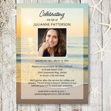 celebration of life beach themed photo funeral invitation
