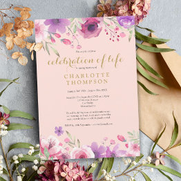 Small Celebration Of Life Blush Pink Gold Floral Funeral Invitation Front View