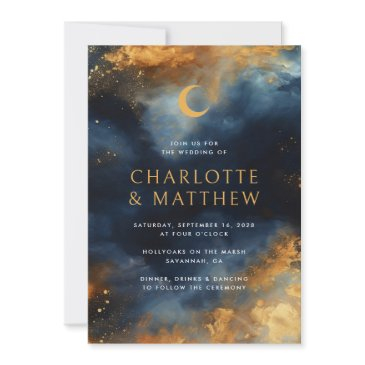celestial abstract blue golden moon wedding invitation