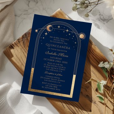 celestial blue gold sun moon stars quinceañera invitation