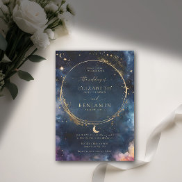 Small Celestial Gift Midnight Blue Elegant Gold Wedding Invitation Front View