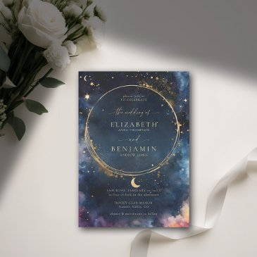 celestial gift midnight blue elegant gold wedding invitation