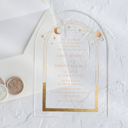 Small Celestial Gold Sun Moon Astronomy Wedding Acrylic Invitations Front View