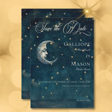 celestial midnight blue crescent moon wedding save the date