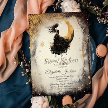 celestial moon girl watercolor gold stars sweet 16 invitation