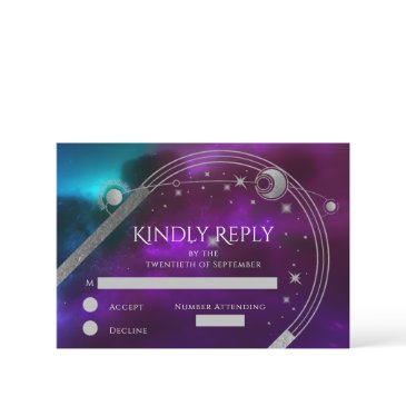 celestial purple teal silver sun moon star wedding rsvp invitations