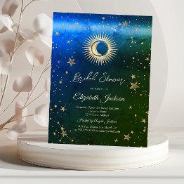 Small Celestial Sun,moon,stars Green Blue Bridal Shower Invitation Front View