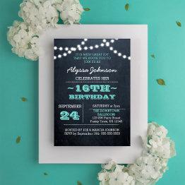 Small Chalk Lights Teal 16th Birthday Sm Invitation Front View