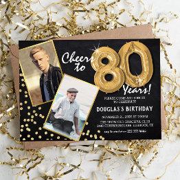 Small Chalkboard Gold Balloons 2 Photo 80th Birthday Invitation Front View