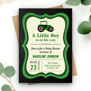 chalkboard green farm tractor baby shower invitation
