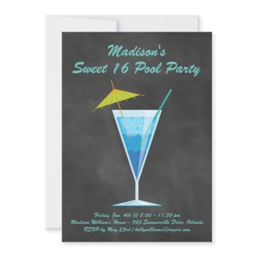 chalkboard sweet 16 pool party invitation