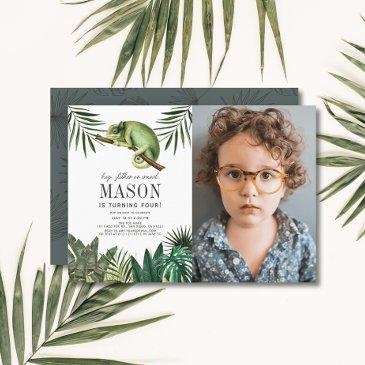 chameleon reptile boy white birthday photo invitation