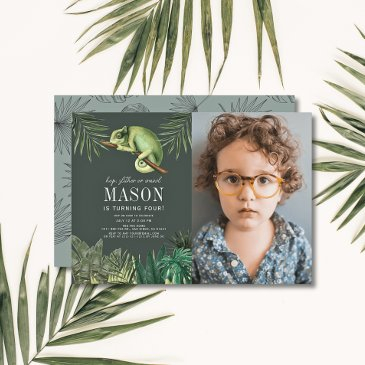 chameleon reptile green boy birthday photo invitation
