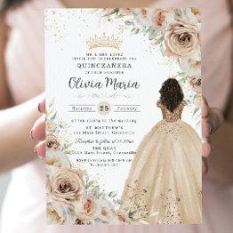 Small Champagne Beige Cream Floral Princess Quinceañera Invitation Front View