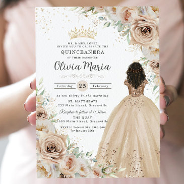 champagne beige cream floral princess quinceañera invitation