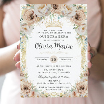 champagne beige cream floral vintage quinceañera invitation