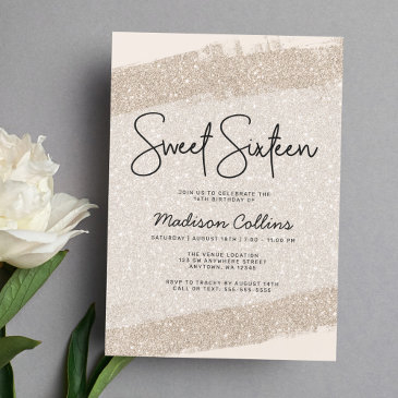 champagne brush glitter sweet 16 invitation