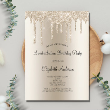 champagne glitter drip glam sweet 16 birthday invitation