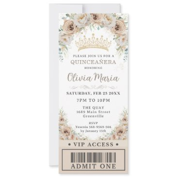 champagne gold beige floral quinceañera vip ticket invitation