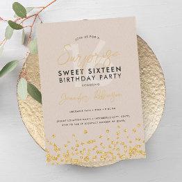 Small Champagne Gold Glitter Confetti Surprise Sweet 16 Invitation Front View