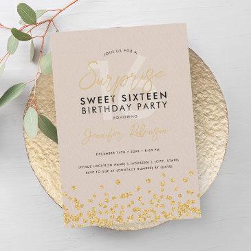 champagne gold glitter confetti surprise sweet 16 invitation
