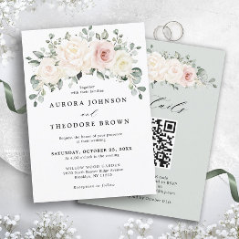 Small Champagne Ivory Blush Floral Greenery Qr Wedding Invitation Front View