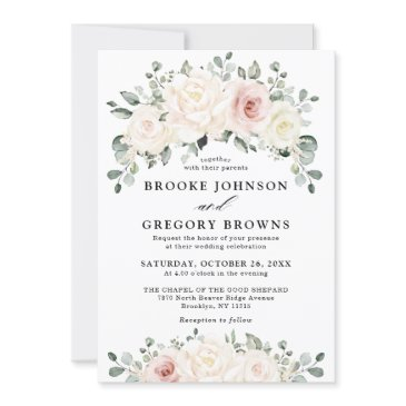 champagne ivory blush pink floral greenery wedding invitation