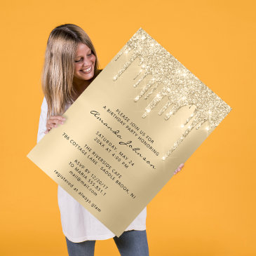 champagne sepia gold glitter effect drip birthday invitation