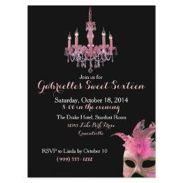 Small Chandelier And Masquerade Sweet 16 Invitations Front View