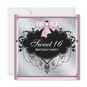 chandelier pink black sweet 16 birthday party invitation