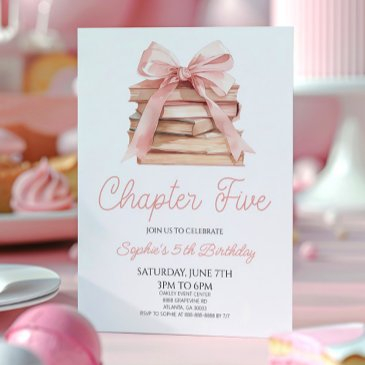 chapter five pink bow storybook 5th birthday party invitation