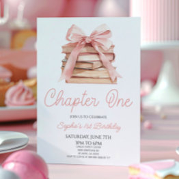 Small Chapter One Pink Bow Storybook 1st Birthday Party Invitation Front View